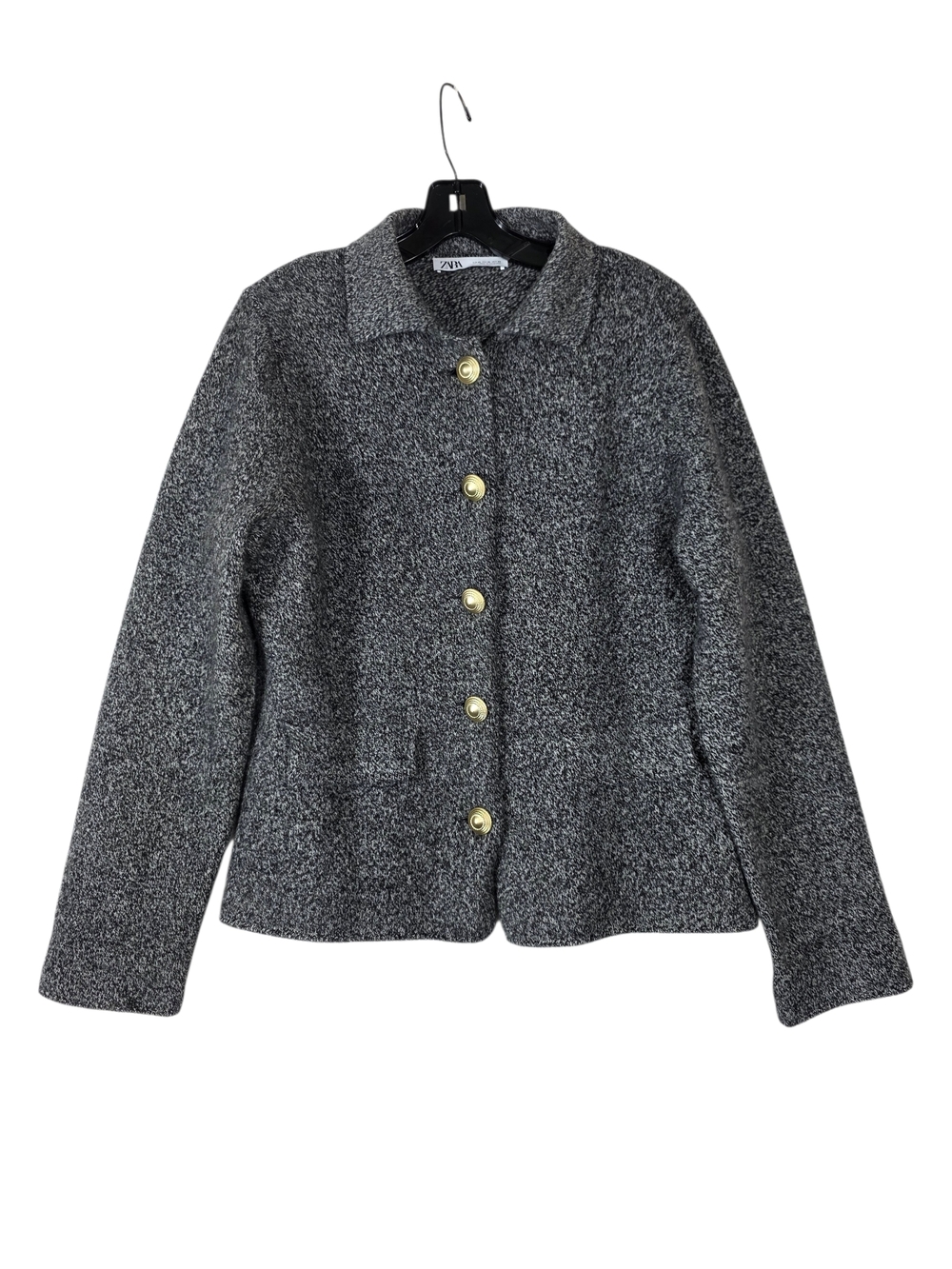 Zara 100% wool knit  Women's Marled Black-Gray  Cardigan with gold buttons